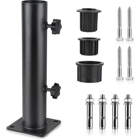 Pied Parasol, Tube de Parasol, Support Parasol Metal Réglable avec 3 Anneaux de Réduction en PVC (32/38/48mm), Tube pour Pied de Parasol avec 8 Clous en Acier, Noir (1/5)