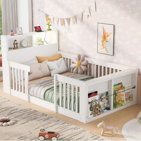 Kinderbett 90x190 cm Weiß aus Holz mit hohen Seitengittern, USB-Anschluss, Nachtlicht und Stauraum (1/5)