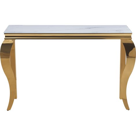 Console métal doré plateau verre trempé marbre blanc 120 cm BAROQUE (1/3)