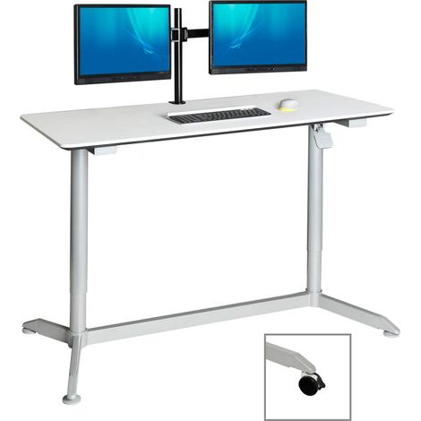 Chariot de bureau mobile assis-debout pneumatique Table d'ordinateur de bureau ergonomique réglable en hauteur, blanc, 137 x 60 x 71-112 cm (1/5)