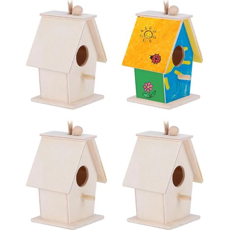 4pcs Nichoir Oiseaux Bois Pin Naturel Non Fini Avec Corde Suspension Pour Jardin Cour Extérieur