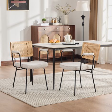 Chaises de salle à manger modernes, lot de 2, revêtement en chenille, avec accoudoirs, structure en bois massif pour le dossier, aspect rotin, pieds en métal réglables - IVOIRE (1/5)