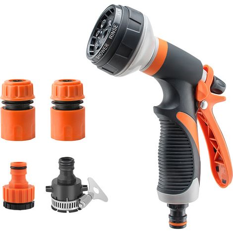 Pistola pulverizadora de jardín, 8 modos de riego, regadera con 4 interfaces para lavado de coches y jardines (1/5)