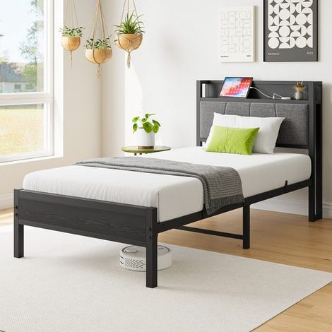 Lit 90x200 cm en métal, cadre de lit en métal noir avec tête de lit avec 1 prise et 2 ports de charge USB, sans matelas (1/5)