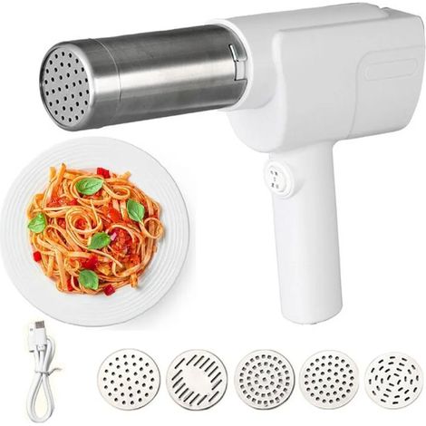 5-in-1 Nudelpresse, tragbarer elektrischer Nudelbereiter mit 5 Formen, wiederaufladbar, presst Kartoffeln und Nudeln, zum Kochen von Pasta und Lasagne. (1/5)