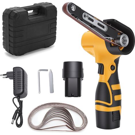 Levigatrice a nastro senza fili da 16,8 V, 7000 giri/min, mini levigatrice a nastro con 10 nastri abrasivi in ossido di alluminio, 2 batterie da 1500 mAh per legno, metallo e plastica