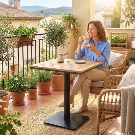 Table d'appoint 70 x 70 cm, table de jardin résistante aux intempéries aspect bois, large base. Carrée, bois naturel. (1/5)