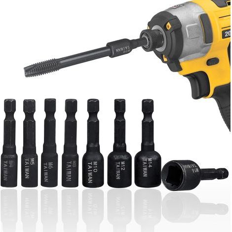 8Pcs M4-M16 Set de prise de robinet à vis 1/4 pouce Hex Shank Quick Change Machine Tap Holder Adaptateur de robinets de filetage pour pilote d'impact (1/5)