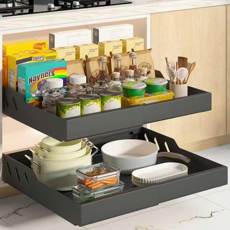 Lot de 2 Tiroirs Coulissants Cuisine, Tiroir Télescopique Métallique, Largeur 32–53 cm, Organisateur d'Armoire, Montage Ruban/Vis, Noir (1/5)
