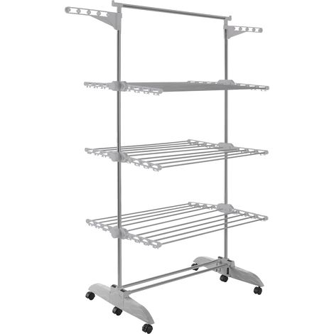 Etendoir Linge Interieur et Exterieur Pliable 14 cm – 5 Niveaux et 58 Crochets pour cintres – Jusqu’à 40 kg – Séche 24 Barres INOX – Intérieur et extérieur – roulettes pivotantes avec Frein (1/5)