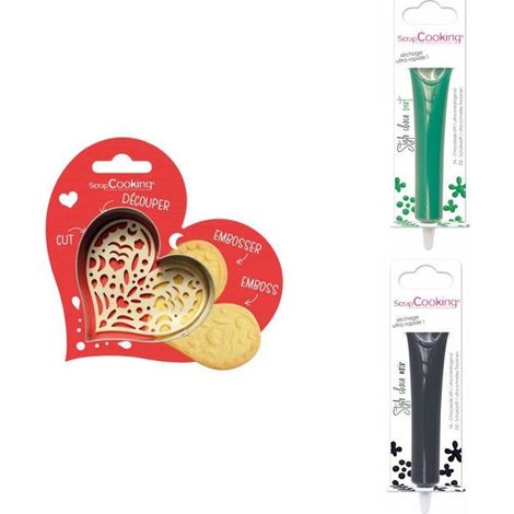 Kit pour biscuit en relief Coeur + 2 Stylos au chocolat vert et noir (1/3)