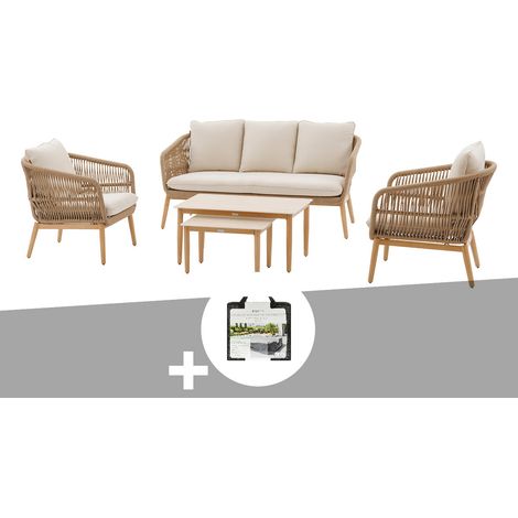 Salon de jardin alu effet bois brossé Orissa taupe + Housse - 5 places - Hespéride