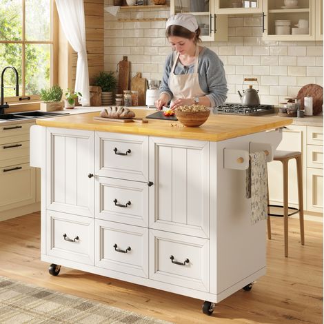 Îlot de cuisine 120/73/92,5 cm avec plateau rabattable, roulettes et grand espace de rangement (1/5)
