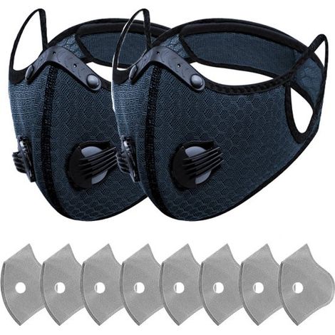Masque respiratoire réutilisable 2 pièces - Avec filtres à charbon actif contre la poussière et la pollution - Idéal pour le travail du bois et la tonte de pelouse - Bleu marine (1/4)
