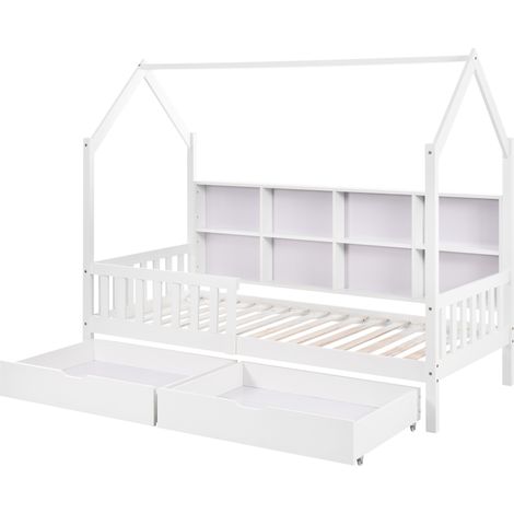 Cama casita infantil 90x200 cm con estante, barrera y 2 cajones grandes, blanca (1/5)