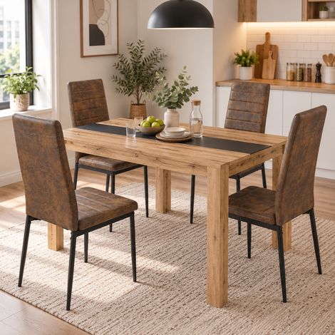 Ensemble Repas 4 Places, 140 x 70 cm, Cuisine Compacte,Chaises rembourrées en similicuir, marron (1/4)