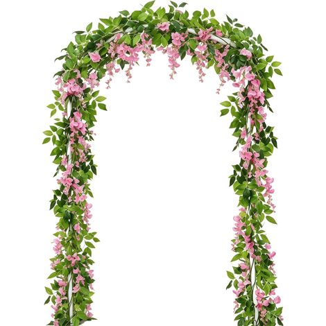 Lot de 2 fleurs de glycine artificielles roses de 180 cm - Fleurs en soie à suspendre pour maison, jardin, fête de mariage, décoration de bureau - Fausse guirlande violette avec feuilles (1/5)