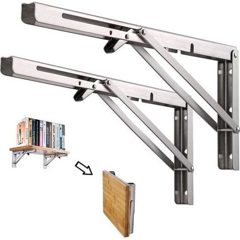 Equerre Pliable, 2 Pcs Support d' étagères Pliants en Acier Inoxydable, Console Equerre, Tablette Pliante Murale Pour Etagere Murale Banc de Table Avec Bras de Dégagement Court(350mm)Argenté (1/5)