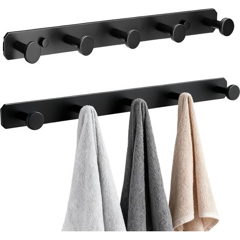 Set di 2 attaccapanni da parete, senza fori, ganci da parete con 5 ganci, neri - robusti e facili da installare - per cappotti, cappelli, borse - ideali per ingresso, bagno, camera da letto, cucina