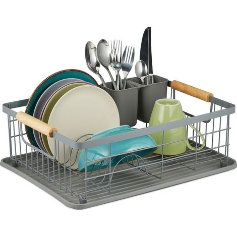 Relaxdays égouttoir, panier à couverts et bac de séchage, support à vaisselle de cuisine, plastique, métal, gris (1/5)