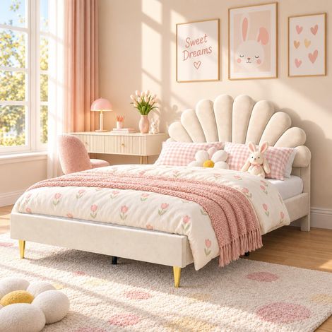 Cama doble 140x200 cm, cama infantil con somier de láminas, cabecero capitoné de terciopelo, patas metálicas, cama de princesa, estilo nórdico - beige (1/5)