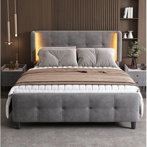Polsterbett Samt Grau 140x200 cm mit LED-Beleuchtung, verstellbarem Kopfteil und Lattenrost (1/5)