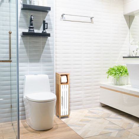 Mobiletto da bagno con contenitore e portarotolo