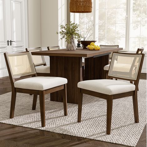 6 sedie da pranzo in legno massiccio color noce con schienale in rattan, cuscini in lino, moderne e traspiranti,48×61×78.5cm (1/5)