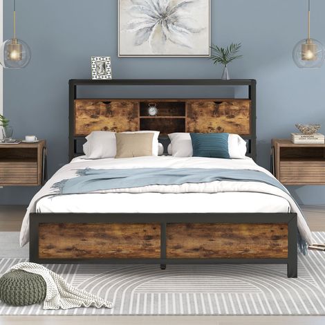 Lit double 140x200 cm avec tête de lit rangement, cadre en métal noir style industriel pour chambre adulte, ado ou enfant (1/5)