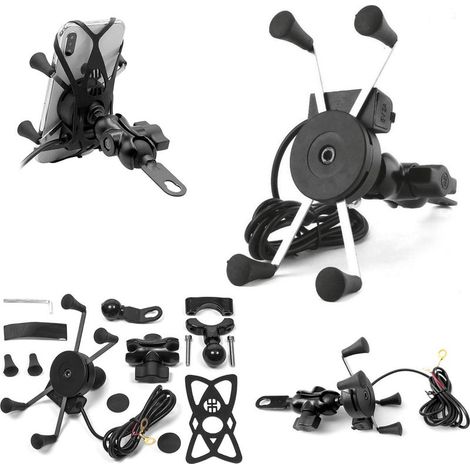 Support de moto RAM XL USB avec chargeur de téléphone, noir, pour montage sur guidon ou rétroviseur