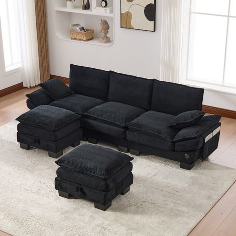 Modulares 3-Sitzer Cordsofa Schwarz mit 2 Hockern, Stauraum und USB-C Anschluss – Ergonomische Couch aus Cordstoff für Wohnzimmer (1/5)