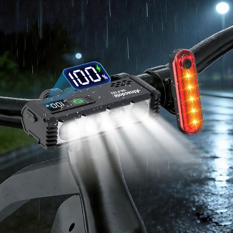 Éclairage vélo ultra-brillant 4800 LM – Rechargeable USB, écran LCD – Puissance précise, étanche – Lot avant/arrière – Idéal pour VTT et route – Sécurité maximale (1/4)