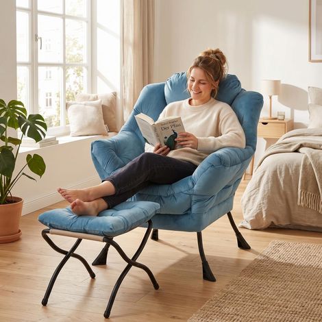 Fauteuil avec repose-pieds, fauteuil inclinable avec accoudoirs, poche latérale et repose-pieds, fauteuil de salon, fauteuil TV, fauteuil à oreilles pour salon, chambre, bureau, bleu