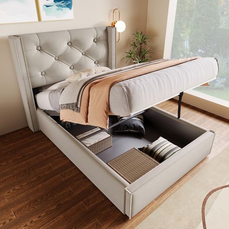 Lit simple gainé 90x200, sommier métal et rangement hydraulique - Tête de lit rembourrée en tissu gris clair (sans Matelas) (1/5)