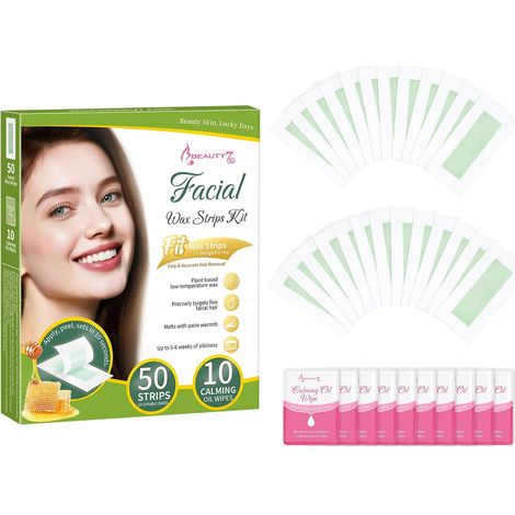 Bandes de Cire Froide Visage Peaux Normal - 50 Bandes de Cire, 10 Lingettes Apaisantes (1/5)