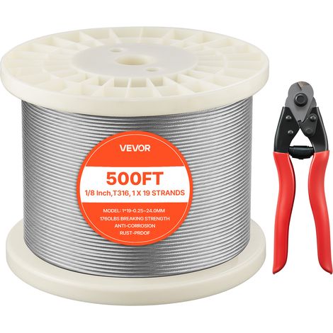 VEVOR Cable de Acero Inoxidable 316 Diámetro de 3,2 mm, Rollo de Cuerda de Alambre 152,4 m, Resistencia a la Rotura de 798,3 kg, Construcción de 1 x 19,  para Barandillas y Enrejados de Jardín