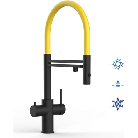 Rubinetto 5 VIE miscelatore lavello cucina in ACCIAIO INOX, canna girevole 360° e doccetta 2 getti movibile, PVD Nero Opaco / Giallo (1/5)