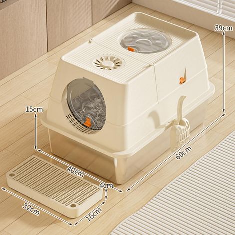 Litière pour Chat en Acier Inoxydable avec Couvercle 60 × 40 × 39 cm Fermée avec pédale de Filtre à Sable et Pelle à litière XXL Grand Bord Haut Facile à Nettoyer Kaki (1/5)