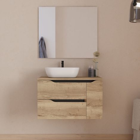 Meuble de salle de bain 80cm avec plateau, vasque à poser déportée à gauche Zeus et miroir - 2 tiroirs et un placard - madera miel (bois clair) - ZARZA