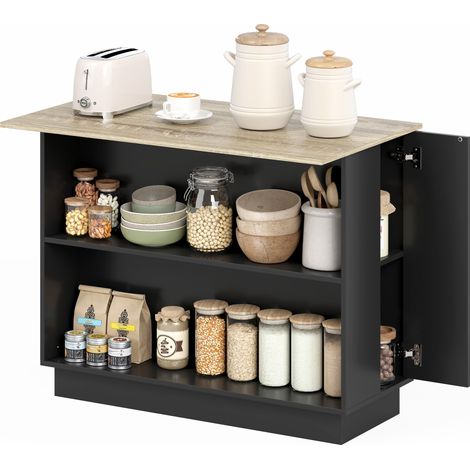 Desserte îlot de cuisine 105 x 60 x 82 cm grand plateau 2 étagères réglables 2 placards moderne épuré en mélamine noir (1/5)