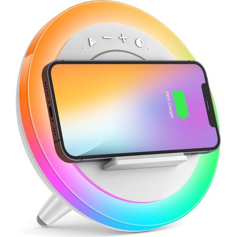 Chevet Lampe de Chargeur, Veilleuses avec Enceinte Bluetooth, Meilleures Idées Festival Cadeaux pour Papa, Maman, Adolescente (Charge sans Fil 5 W), Blanc (1/5)