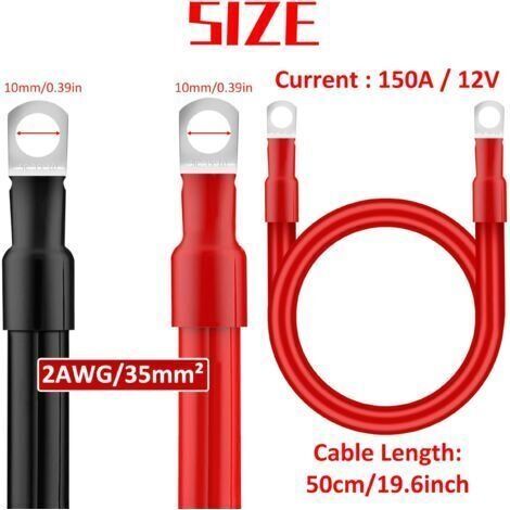 35 mm² 50 cm Autobatteriekabel, 2 AWG 12 V Batterie-Wechselrichterkabel mit M10 Ringkabelschuhen für LKW, PKW, Motorrad, Boot, Solaranlage, Rot und Schwarz, 2 Stück (1/4)