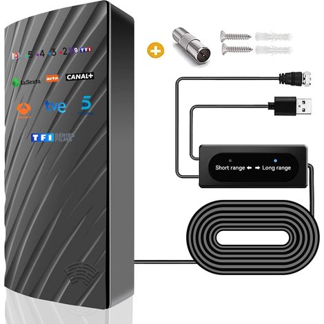Antenne TV Extérieure Intérieur, 39DBI Antenne TNT 480 km Réception Signal Amplificateur, Câble Coaxial de 10m, Mode Double Signal, 1080P 4K DVB-T DVB-T2 VHF UHF (1/5)