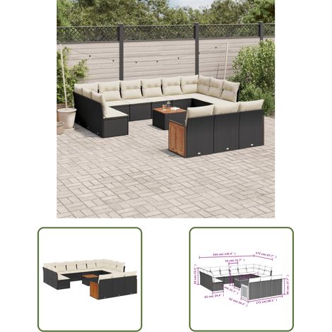 The Living Store Salon de jardin avec coussins 14 pcs noir résine tressée - Ensemble Salon De Jardin - Meuble Extérieur - Jardin Design - Mobilier De Jardin - Chaise Lounge