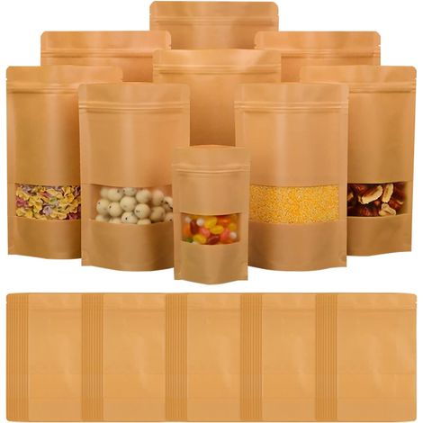 Sachet Kraft Alimentaire - 50 Pièces - Papier Brun 9x14cm - Zip et Fenêtre - Pour Épices et Noix (1/2)