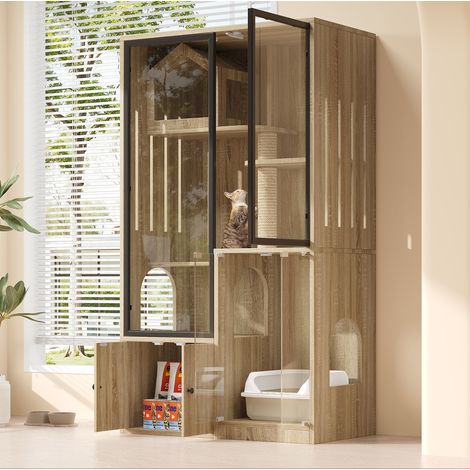 Casetta per gatti 90x50x160 cm con porta in vetro, tiragraffi in juta e vano portaoggetti, colore legno naturale (1/5)