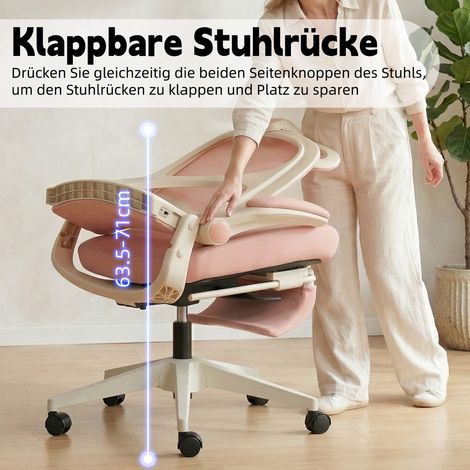 Irovami Chaise de bureau ergonomique pliable rose Assise mousse, soutien lombaire, appui-tête 3D, accoudoirs rabattables (1/5)