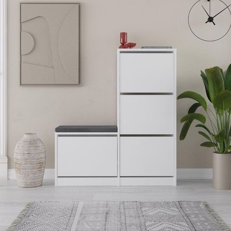 Scarpiera con panca a 4 ante a ribalta colore bianco 105x26x118.5H Dude
