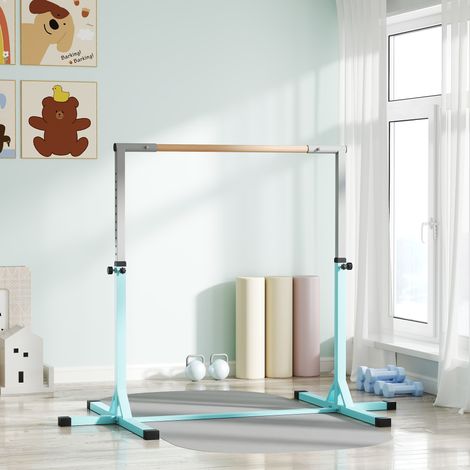 Barre de gymnastique pour enfants, réglable en hauteur (92-150 cm, 13 niveaux), en acier et bois de hêtre, cyan (1/5)