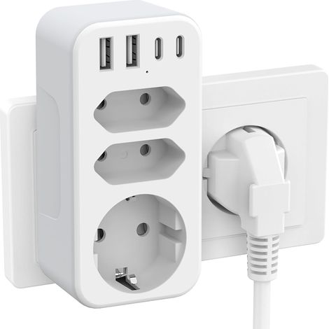 Regleta de pared con USB-C, 3 tomas, 3680 W, 16 A, 2 puertos USB-C y 2 puertos USB-A, interruptor para casa, oficina y viajes, compatible con teléfonos y tabletas - Blanco (1/5)